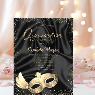 Chic Masque,Konfetti schwarzer Satin Quinceañera Einladung