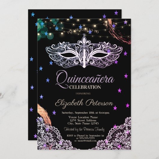 Chic Masque, String Lights, Lace, Stars Quinceañer Einladung (Vorne/Hinten)