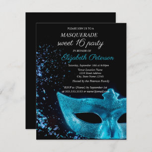 Chic Masquerade Blue Masque Black Sweet 16 Einladung