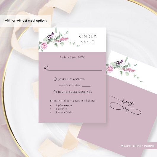 Chic Mauve Pastel floral mit oder ohne Mahlzeiten RSVP Karte