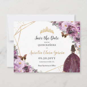 Chic Mauve Plum Lila Floral Tiara Quinceañera Save The Date