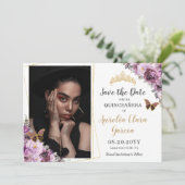 Chic Mauve Plum Lila florales Quinceañera Foto Save The Date (Stehend Vorderseite)