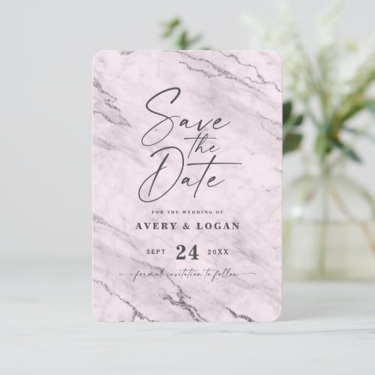 Chic Mauve rosa Marmor mit Lila Foil Details Save The Date (Stehend Vorderseite)