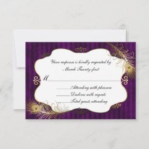 Chic Mave & Golden Peacock Feather Wedding RSVP Karte