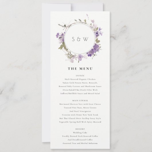 Chic Meadow Lilac Floral Wreath Wedding Menu Card Einladung (Vorderseite)