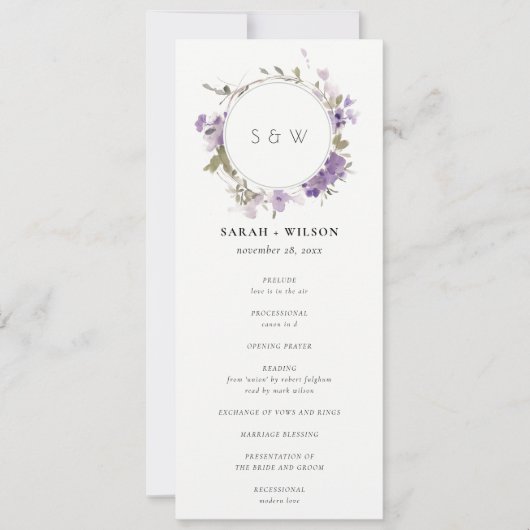 Chic Meadow Lilac Floral Wreath Wedding Program Einladung (Vorderseite)