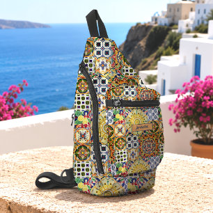 Chic mediterrane Orange geometrische Fliesen Monog Crossbody Bag