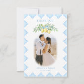 Chic Mediterranean Blue Tile Lemon Wedding Foto Dankeskarte (Vorderseite)