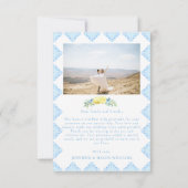 Chic Mediterranean Blue Tile Lemon Wedding Foto Dankeskarte (Rückseite)