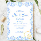 Chic Mediterranean Lemon Blue Tile Italian Wedding Einladung