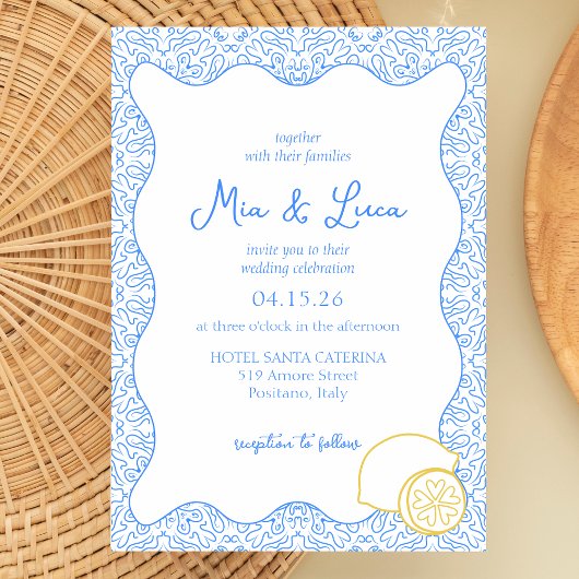 Chic Mediterranean Lemon Blue Tile Italian Wedding Einladung