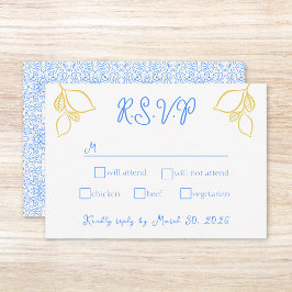 Chic Mediterranean Lemon Blue Tile Italian Wedding RSVP Karte