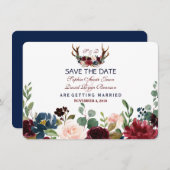 Chic Merlot Navy Blue Floral Antlers Save the Date (Vorne/Hinten)