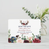 Chic Merlot Navy Blue Floral Antlers Save the Date (Stehend Vorderseite)