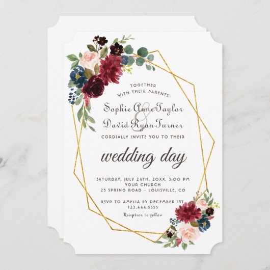 Chic Merlot Navy Blue Floral Gold Rahmen Hochzeit Einladung (Vorne/Hinten)