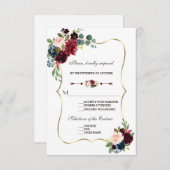 Chic Merlot Navy Blue Floral Wedding RSVP (Vorne/Hinten)