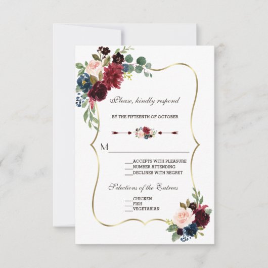 Chic Merlot Navy Blue Floral Wedding RSVP Karte (Vorderseite)