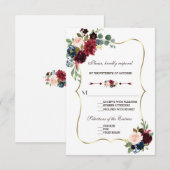 Chic Merlot Navy Blue Floral Wedding RSVP Karte (Vorne/Hinten)