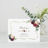 Chic Merlot Navy Blue Floral Wedding Vielen Dank Einladung (Stehend Vorderseite)