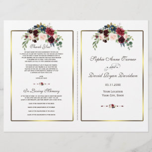 Chic Merlot Navy Floral Gold Rahmen Hochzeitsprogr