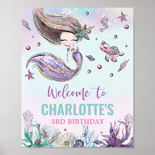 Chic Mermaid Geburtstag unter dem Meer Begrüßungsz Poster (Vorne)