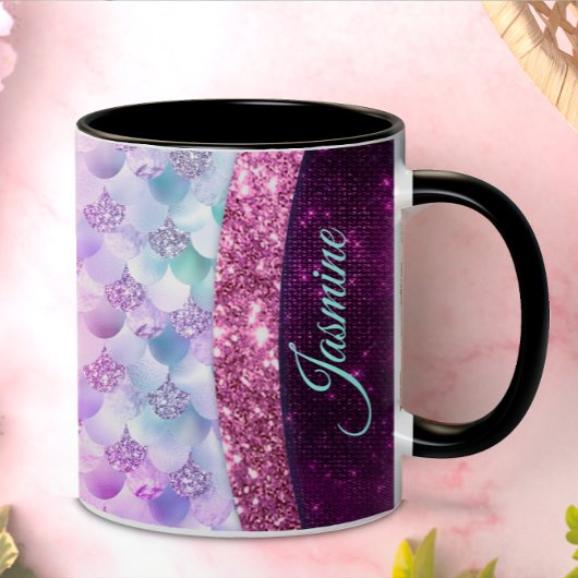 Chic mermaid rosa silberne Imitate Glitzer Monogra Kaffeetasse