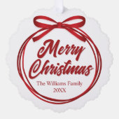 Chic Merry Christmas Script Red Ribbon Bow Custom Ornament Karte (Vorderseite)