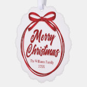 Chic Merry Christmas Script Red Ribbon Bow Custom Ornament Karte (Links)