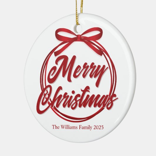 Chic Merry Christmas Script Red Ribbon Bow Keramik Ornament (Links)