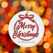 Chic Merry Christmas Script Red Ribbon Bow Keramik Ornament