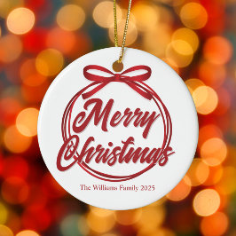 Chic Merry Christmas Script Red Ribbon Bow Keramik Ornament