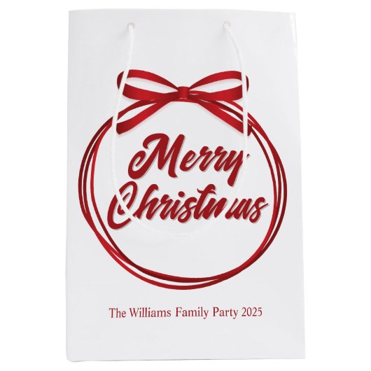Chic Merry Christmas Script Red Ribbon Bow Mittlere Geschenktüte (Vorderseite)