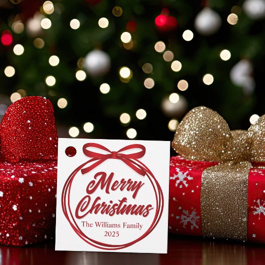 Chic Merry Christmas Script Red Ribbon Bow Party Geschenkanhänger