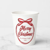 Chic Merry Christmas Script Red Ribbon Bow Party Pappbecher (Rückseite)