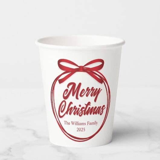 Chic Merry Christmas Script Red Ribbon Bow Party Pappbecher (Rückseite)
