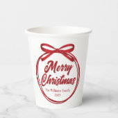 Chic Merry Christmas Script Red Ribbon Bow Party Pappbecher (Vorderseite)