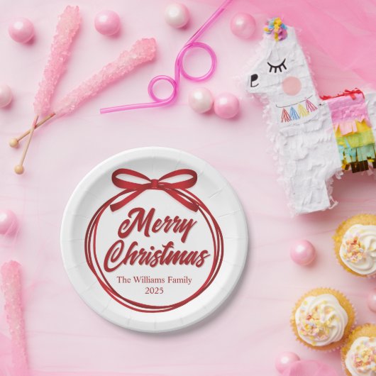 Chic Merry Christmas Script Red Ribbon Bow Party Pappteller (Party)