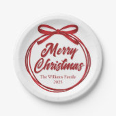 Chic Merry Christmas Script Red Ribbon Bow Party Pappteller (Vorderseite)