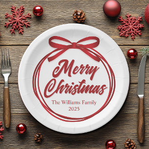 Chic Merry Christmas Script Red Ribbon Bow Party Pappteller