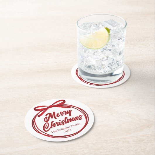 Chic Merry Christmas Script Red Ribbon Bow Party Runder Pappuntersetzer (Vor Ort)