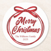 Chic Merry Christmas Script Red Ribbon Bow Party Runder Pappuntersetzer (Vorderseite)