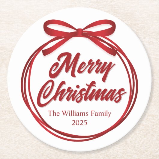 Chic Merry Christmas Script Red Ribbon Bow Party Runder Pappuntersetzer (Vorderseite)