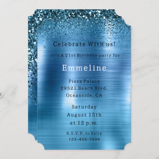 Chic Metallic Aqua Blue Glitzer Einladung (Vorne/Hinten)