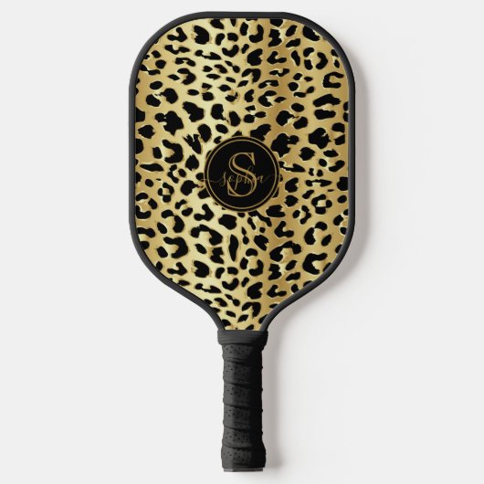 Chic Metallic Gold & Black Leopard Print Girls Pickleball Schläger (Vorderseite)