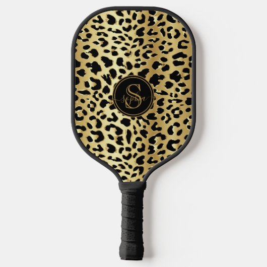Chic Metallic Gold & Black Leopard Print Girls Pickleball Schläger (Rückseite)