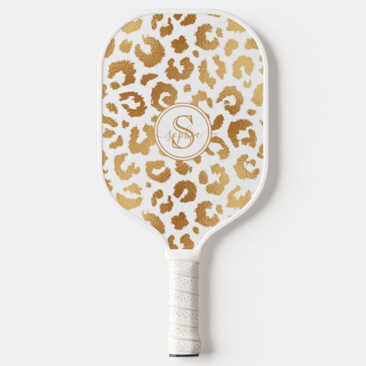 Chic Metallic Gold & White Leopard Print Girls Pickleball Schläger (Vorderseite)