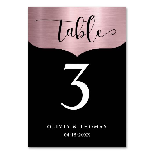 Chic Metallic Rose Gold Black Script Hochzeit Tischnummer (Vorderseite)
