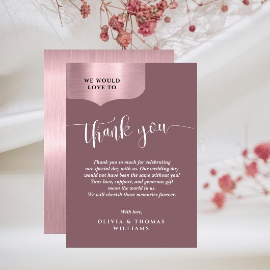 Chic Metallic Rose Gold Script Wedding Dankeskarte