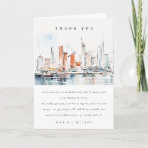 Chic Miami Florida Skyline Watercolor Wedding Dankeskarte