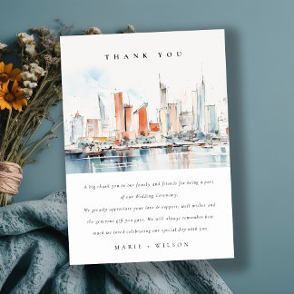 Chic Miami Florida Skyline Watercolor Wedding Dankeskarte